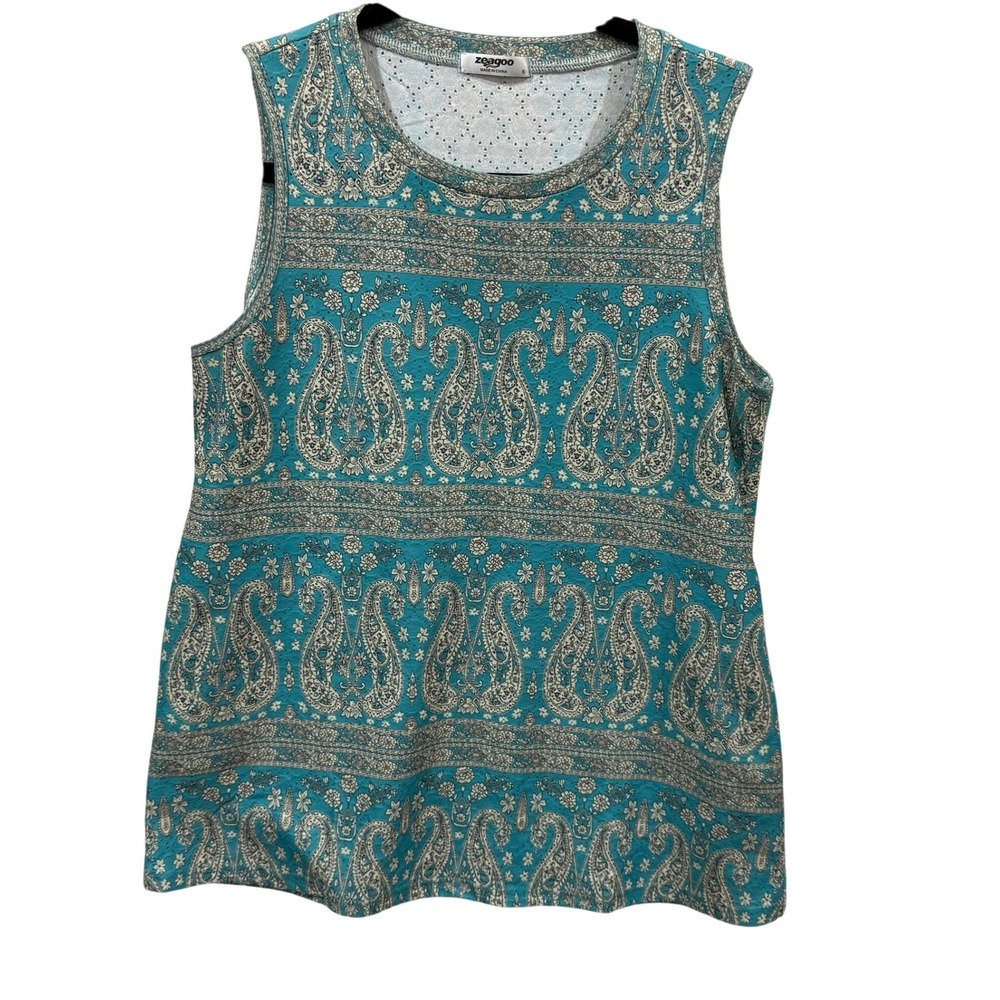 Zeagoo Womens Teal Paisley Eyelet Sleeveless Tank Top Crew Neck Size S